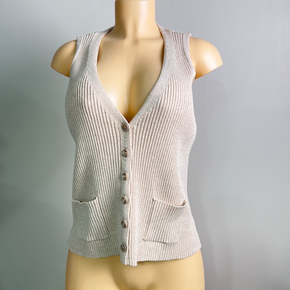 Button Front Knit Schoolgirl Vest Womens M Ribbed V-Neck Beige Minimalist